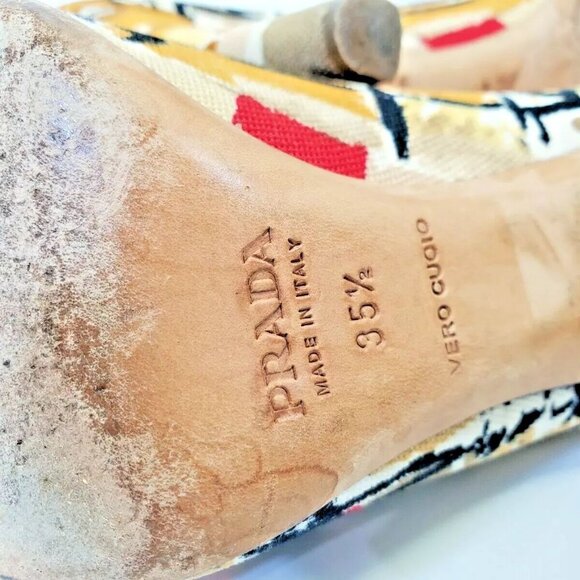Women's 35.5 PRADA Italy Multicolor Canvas Round Toe High Heels Pumps Shoes EUC - Picture 8 of 9